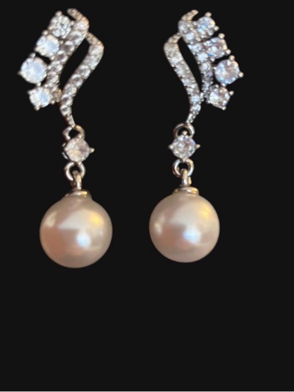 Pearl Drop Earrings with Cubic Zirconia Accents - White Pearls